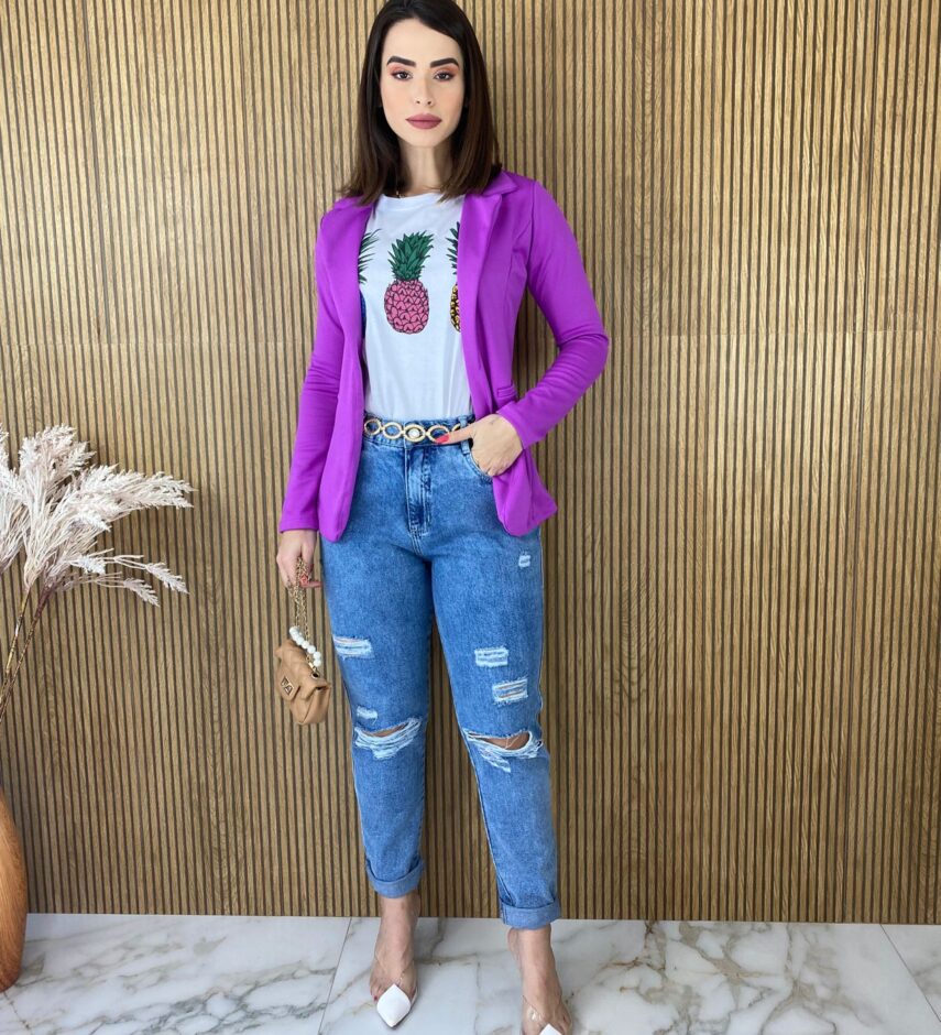 Blazer Manga Longa Feminino Fúcsia Bolso Falso - Fernanda Ramos Store
