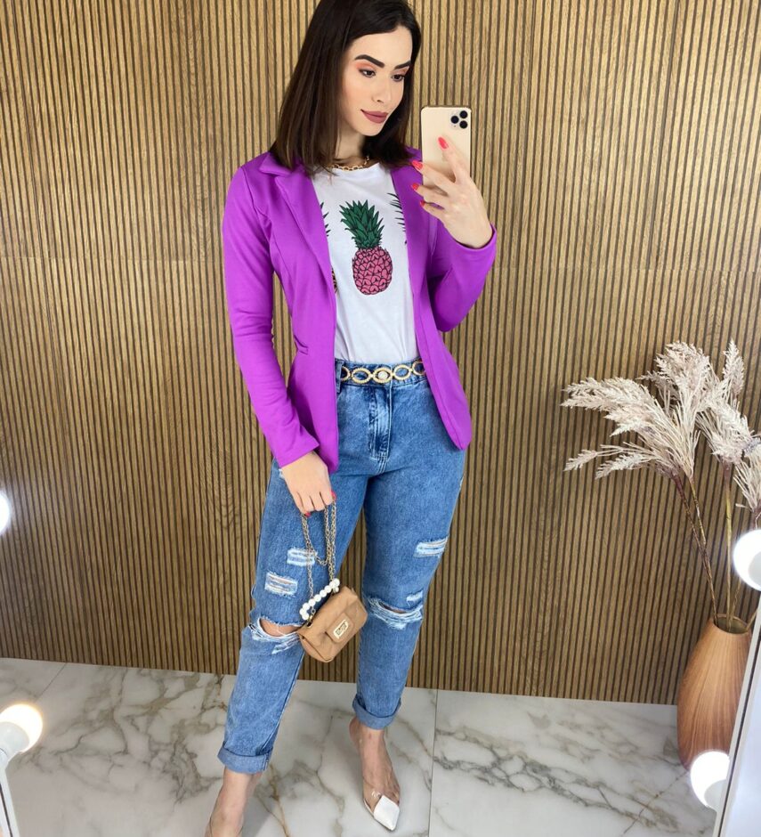 Blazer Manga Longa Feminino Fúcsia Bolso Falso - Fernanda Ramos Store