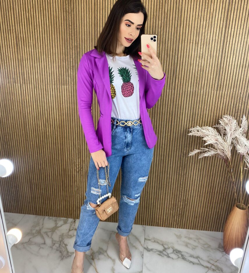 Blazer Manga Longa Feminino Fúcsia Bolso Falso - Fernanda Ramos Store