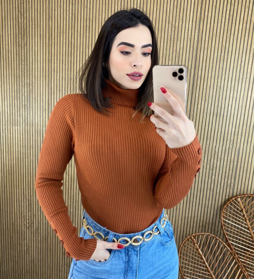 fernandaramosstore com br blusa feminina cacharrel gola alta botoes manga terra