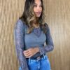 Blusa Manga em Renda Canelada Cinza - Fernanda Ramos Store