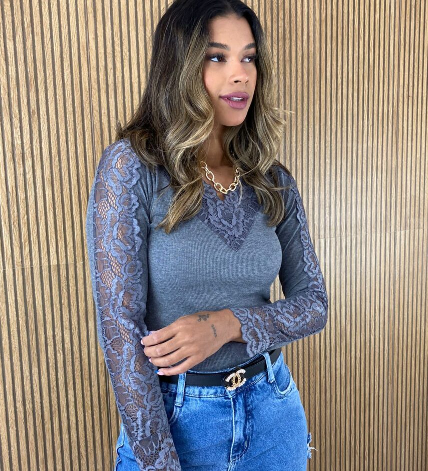 Blusa Manga em Renda Canelada Cinza - Fernanda Ramos Store