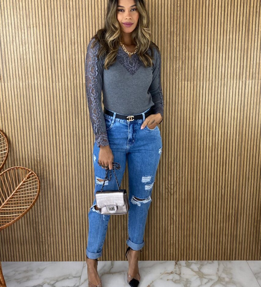Blusa Manga em Renda Canelada Cinza - Fernanda Ramos Store
