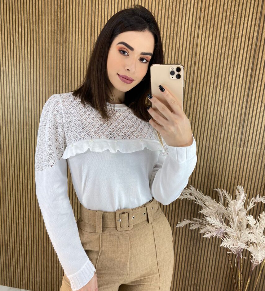 fernandaramosstore com br blusa manga longa feminina tricot detalhe em babado e perolas branca
