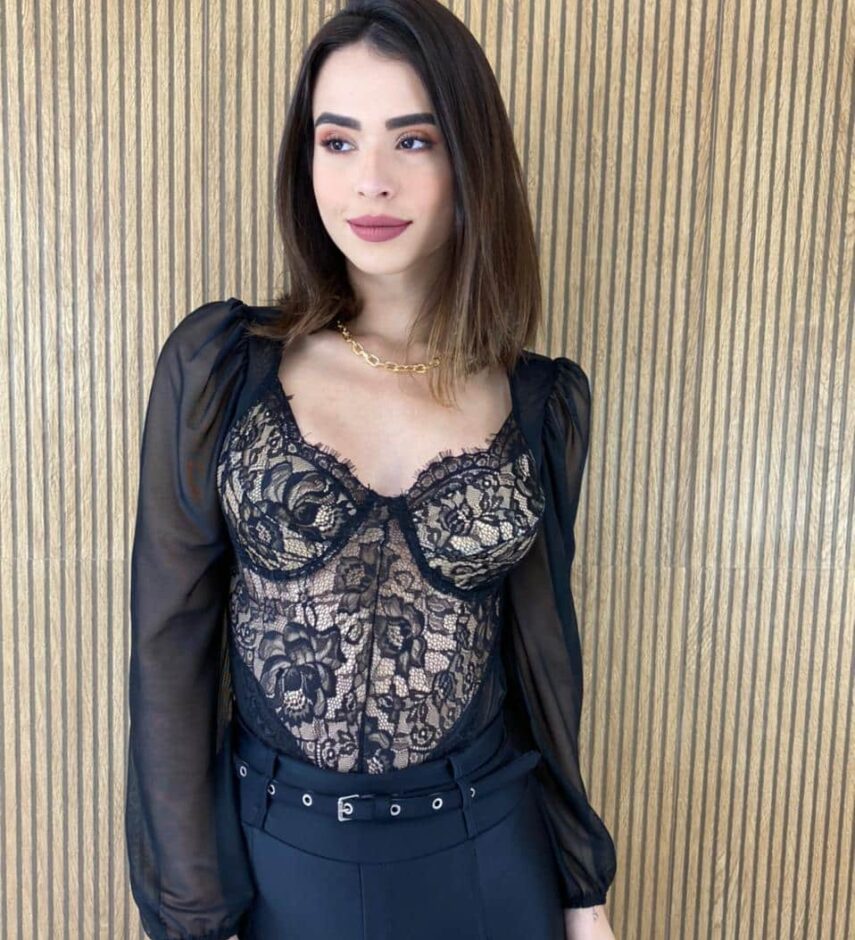 Body Feminino Manga Longa sem Bojo Preto Detalhe em Renda - Fernanda Ramos Store