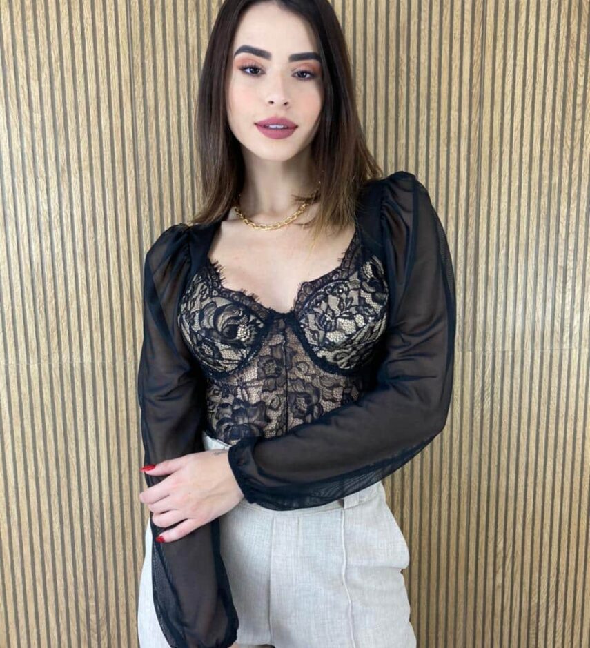Body Feminino Manga Longa sem Bojo Preto Detalhe em Renda - Fernanda Ramos Store