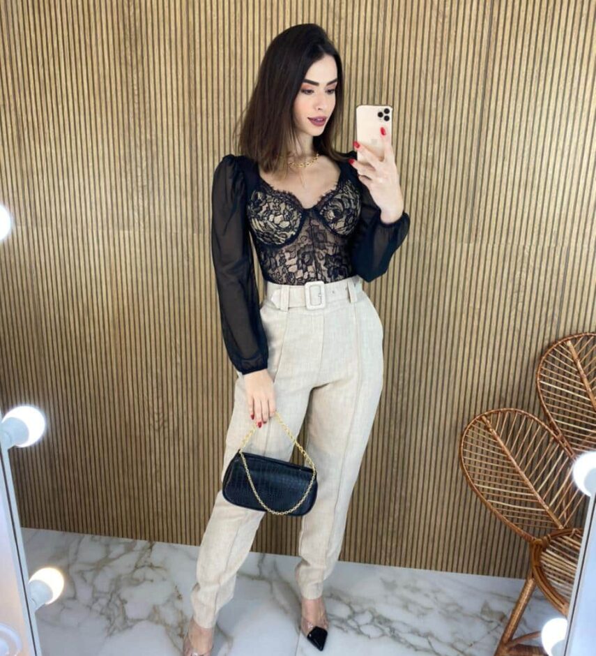 Body Feminino Manga Longa sem Bojo Preto Detalhe em Renda - Fernanda Ramos Store