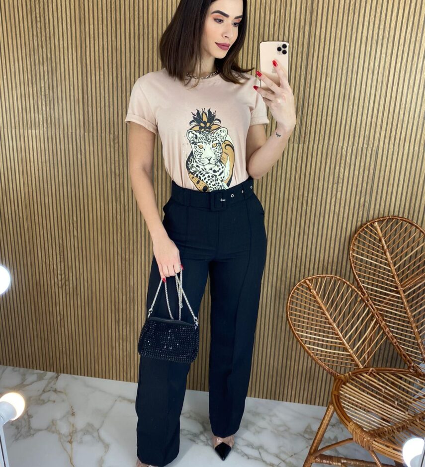 Calça Feminina com Cinto Flare Preto - Fernanda Ramos Store