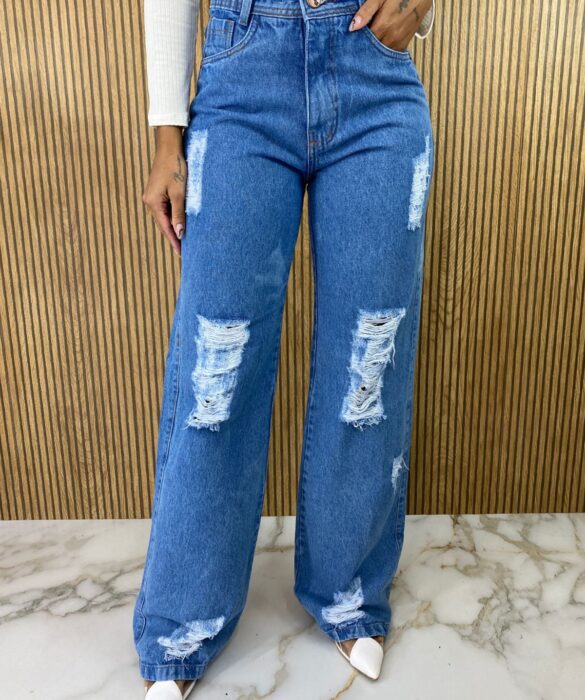 Calça Jeans Feminina Wide Leg Marmorizado com Puído - Fernanda Ramos Store