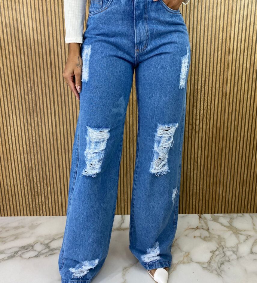Calça Jeans Feminina Wide Leg Marmorizado com Puído - Fernanda Ramos Store