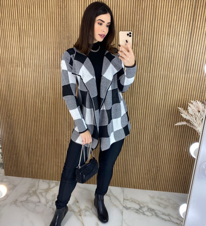 fernandaramosstore com br casaco manga longa feminino tricot estampado xadrez preto e branco 2