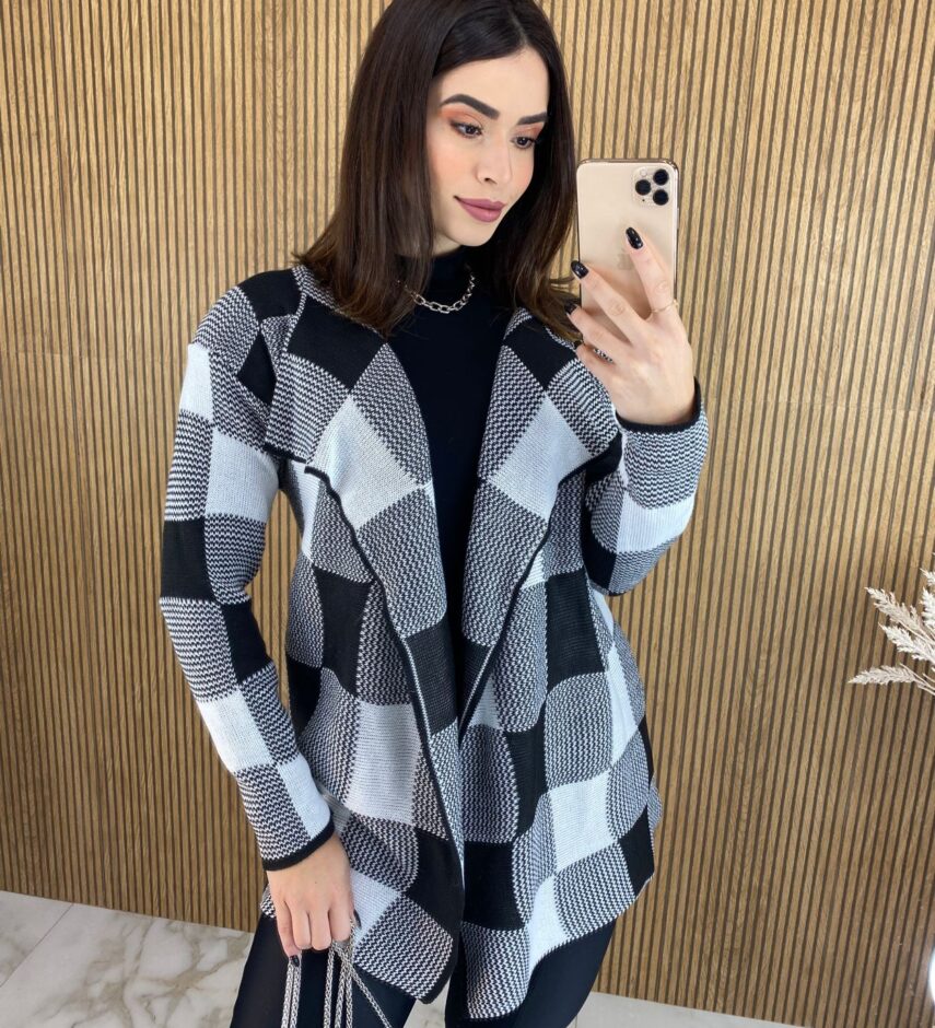 fernandaramosstore com br casaco manga longa feminino tricot estampado xadrez preto e branco