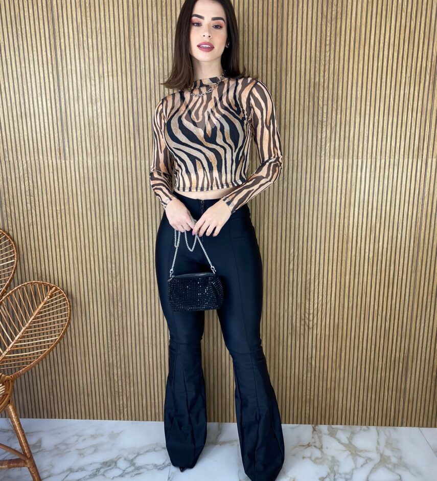 Cropped Feminino Manga Longa Tule Estampa Animal Print - Fernanda Ramos Store