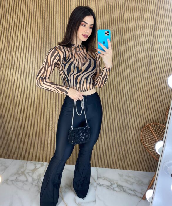 Cropped Feminino Manga Longa Tule Estampa Animal Print - Fernanda Ramos Store