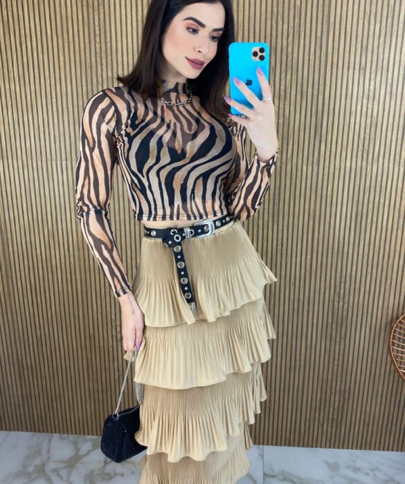 Cropped Feminino Manga Longa Tule Estampa Animal Print - Fernanda Ramos Store