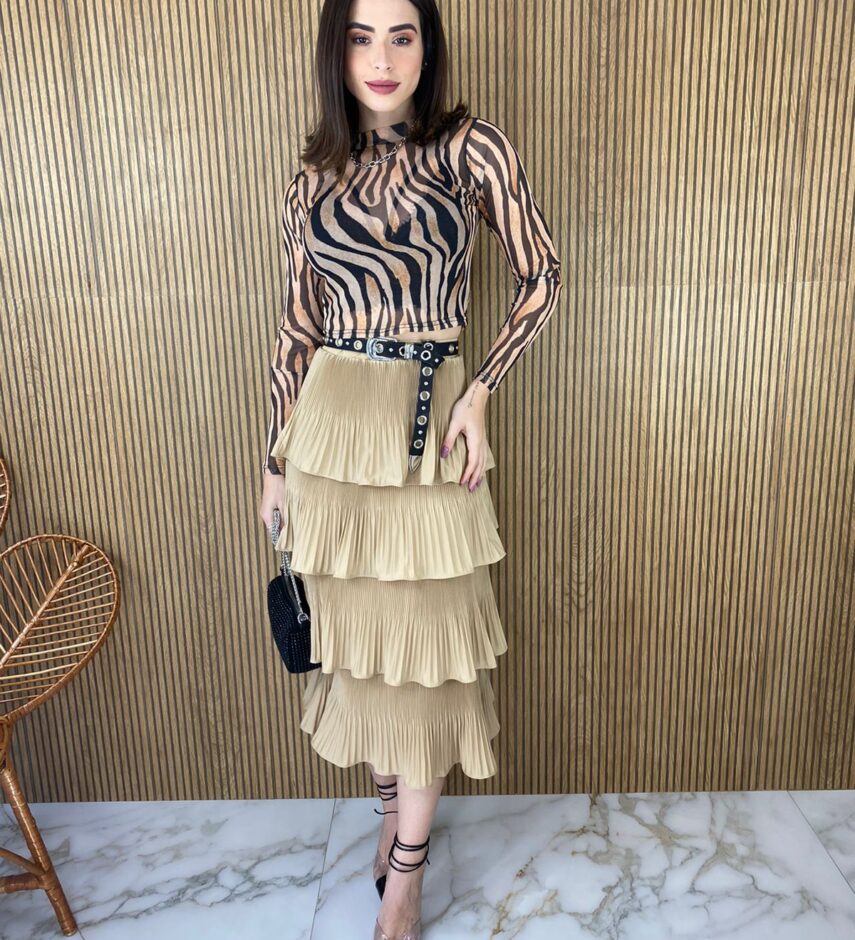 Cropped Feminino Manga Longa Tule Estampa Animal Print - Fernanda Ramos Store