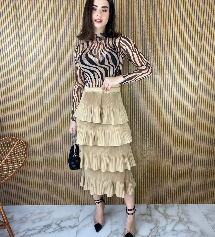 Cropped Feminino Manga Longa Tule Estampa Animal Print - Fernanda Ramos Store