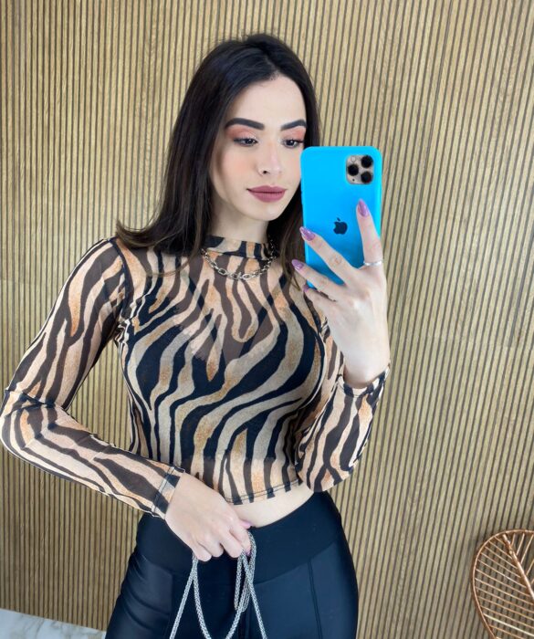 Cropped Feminino Manga Longa Tule Estampa Animal Print - Fernanda Ramos Store