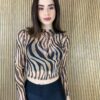 Cropped Feminino Manga Longa Tule Estampa Animal Print - Fernanda Ramos Store