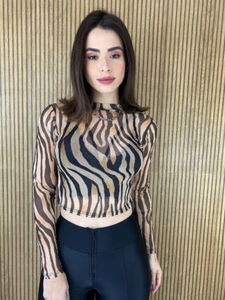 Cropped Feminino Manga Longa Tule Estampa Animal Print - Fernanda Ramos Store