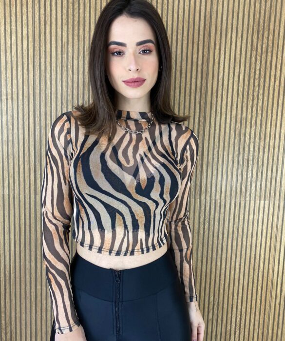 Cropped Feminino Manga Longa Tule Estampa Animal Print - Fernanda Ramos Store