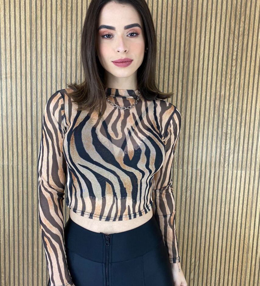 Cropped Feminino Manga Longa Tule Estampa Animal Print - Fernanda Ramos Store