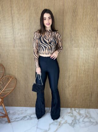 Cropped Feminino Manga Longa Tule Estampa Animal Print - Fernanda Ramos Store