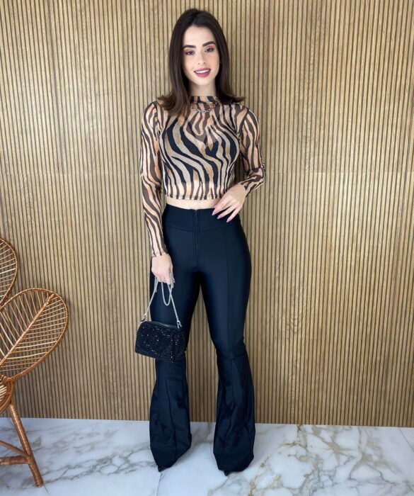 Cropped Feminino Manga Longa Tule Estampa Animal Print - Fernanda Ramos Store