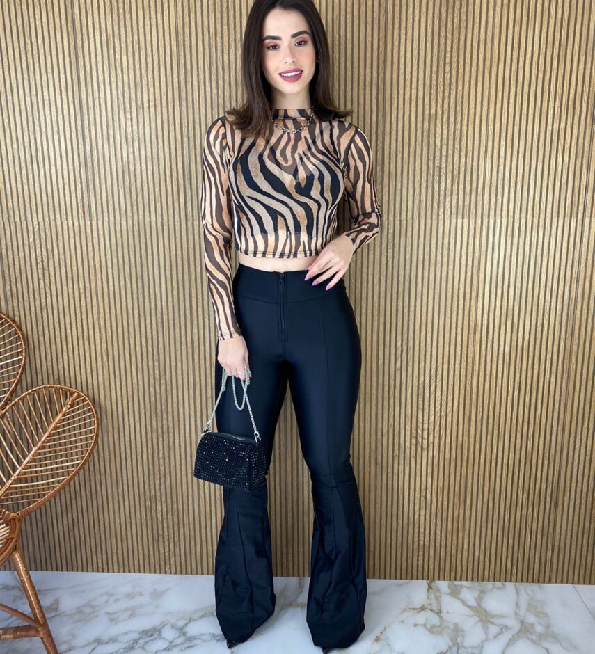 Cropped Feminino Manga Longa Tule Estampa Animal Print - Fernanda Ramos Store