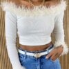 Cropped Feminino sem Bojo Manga Longa Canelado com Detalhe Off White - Fernanda Ramos Store