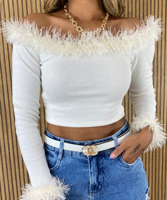 Cropped Feminino sem Bojo Manga Longa Canelado com Detalhe Off White - Fernanda Ramos Store