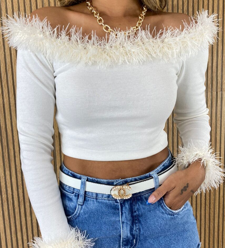 Cropped Feminino sem Bojo Manga Longa Canelado com Detalhe Off White - Fernanda Ramos Store