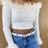 Cropped Feminino sem Bojo Manga Longa Canelado com Detalhe Off White - Fernanda Ramos Store