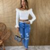 Cropped Feminino sem Bojo Manga Longa Canelado com Detalhe Off White - Fernanda Ramos Store