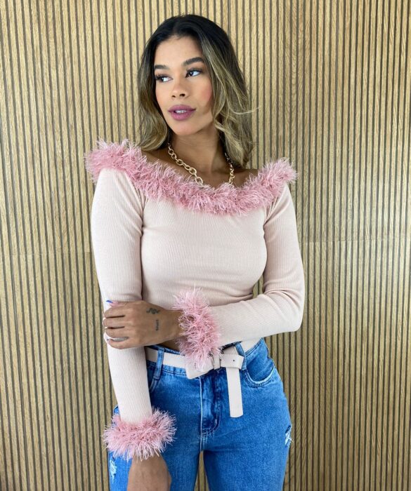 Cropped Feminino sem Bojo Manga Longa Canelado com Detalhe Rose - Fernanda Ramos Store