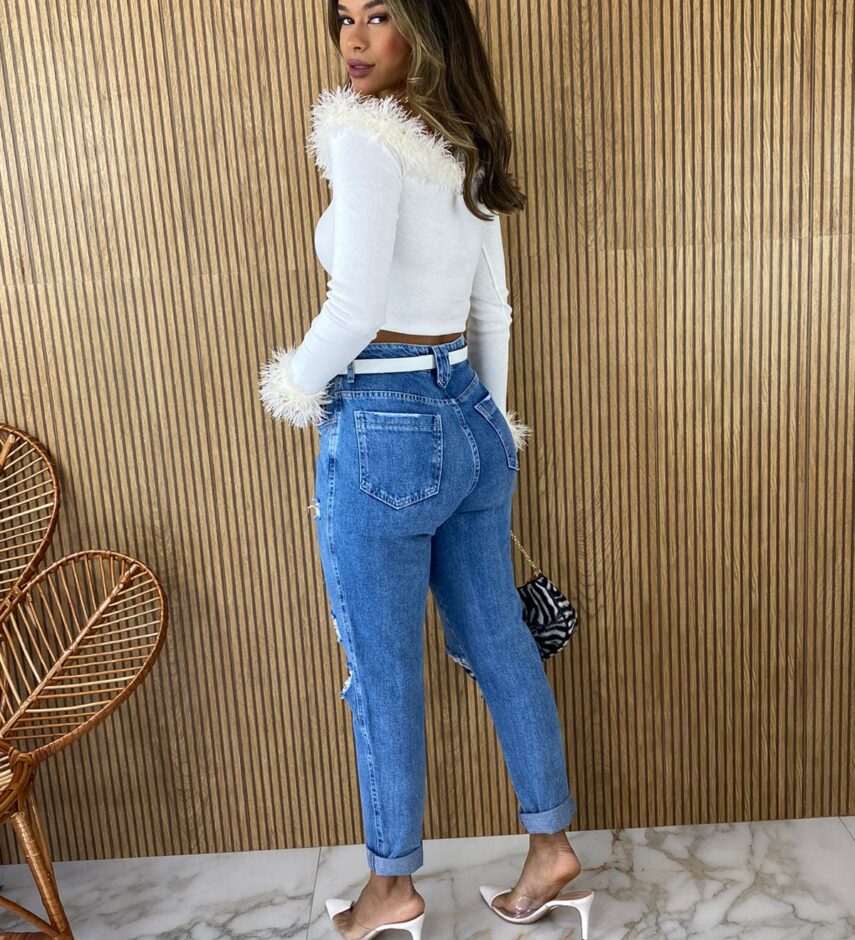 Cropped Feminino sem Bojo Manga Longa Canelado com Detalhe Off White - Fernanda Ramos Store