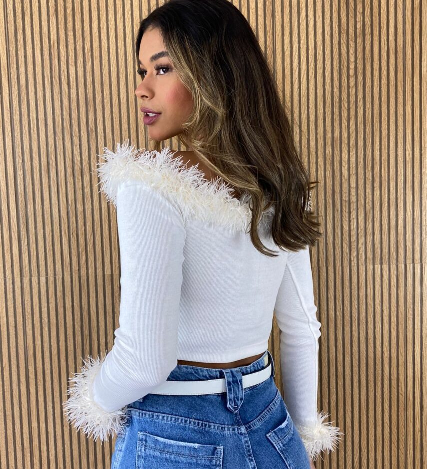 Cropped Feminino sem Bojo Manga Longa Canelado com Detalhe Off White - Fernanda Ramos Store