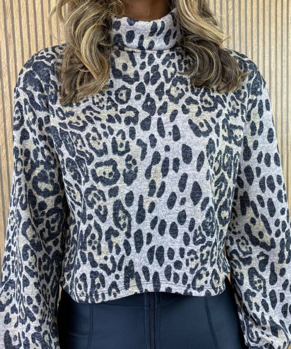 Cropped Manga Longa Feminino Animal Print com Gola - Fernanda Ramos Store