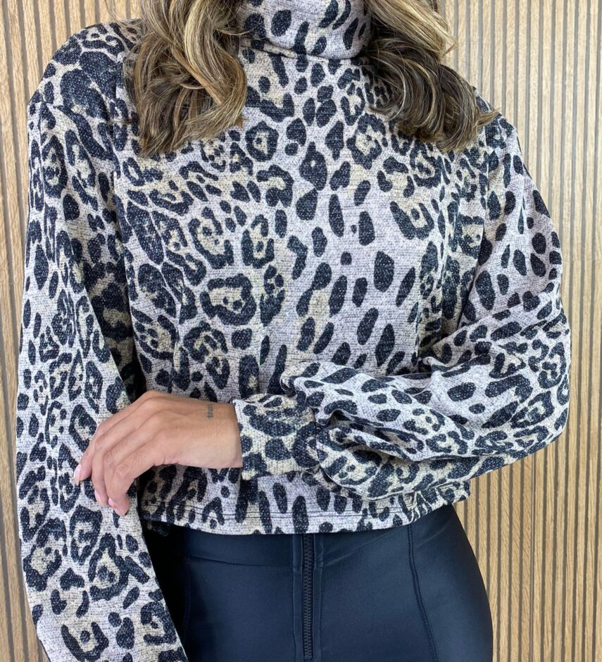 Cropped Manga Longa Feminino Animal Print com Gola - Fernanda Ramos Store