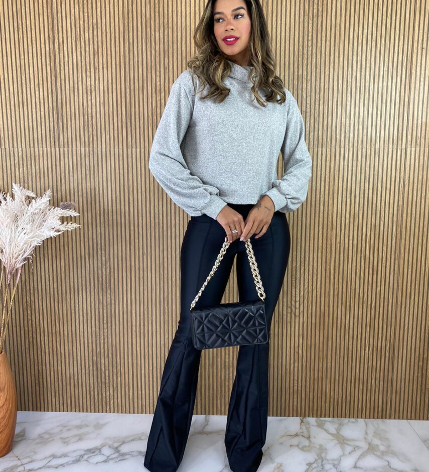 Cropped Manga Longa Feminino Cinza com Gola - Fernanda Ramos Store