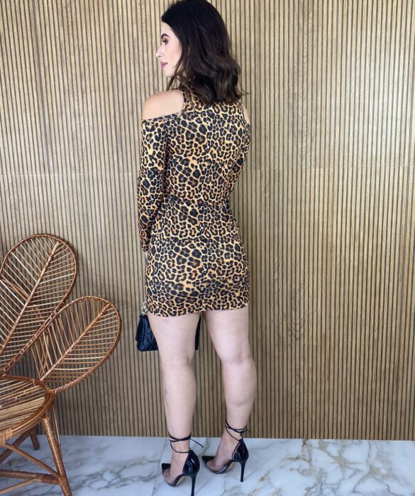 Vestido Curto Feminino Manga Longa Animal Print - Fernanda Ramos Store