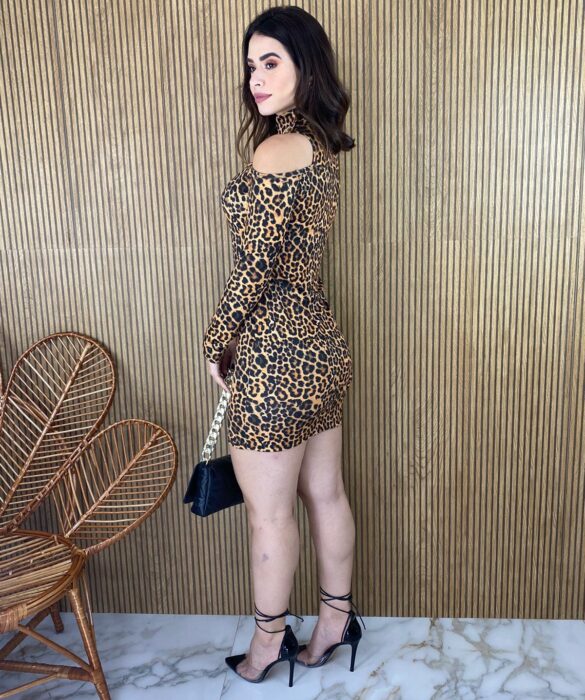 Vestido Curto Feminino Manga Longa Animal Print - Fernanda Ramos Store