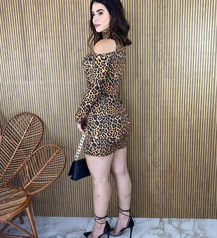 Vestido Curto Feminino Manga Longa Animal Print - Fernanda Ramos Store