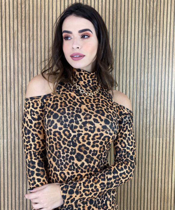 Vestido Curto Feminino Manga Longa Animal Print - Fernanda Ramos Store