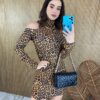 Vestido Curto Feminino Manga Longa Animal Print - Fernanda Ramos Store