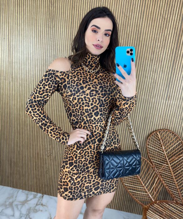 Vestido Curto Feminino Manga Longa Animal Print - Fernanda Ramos Store