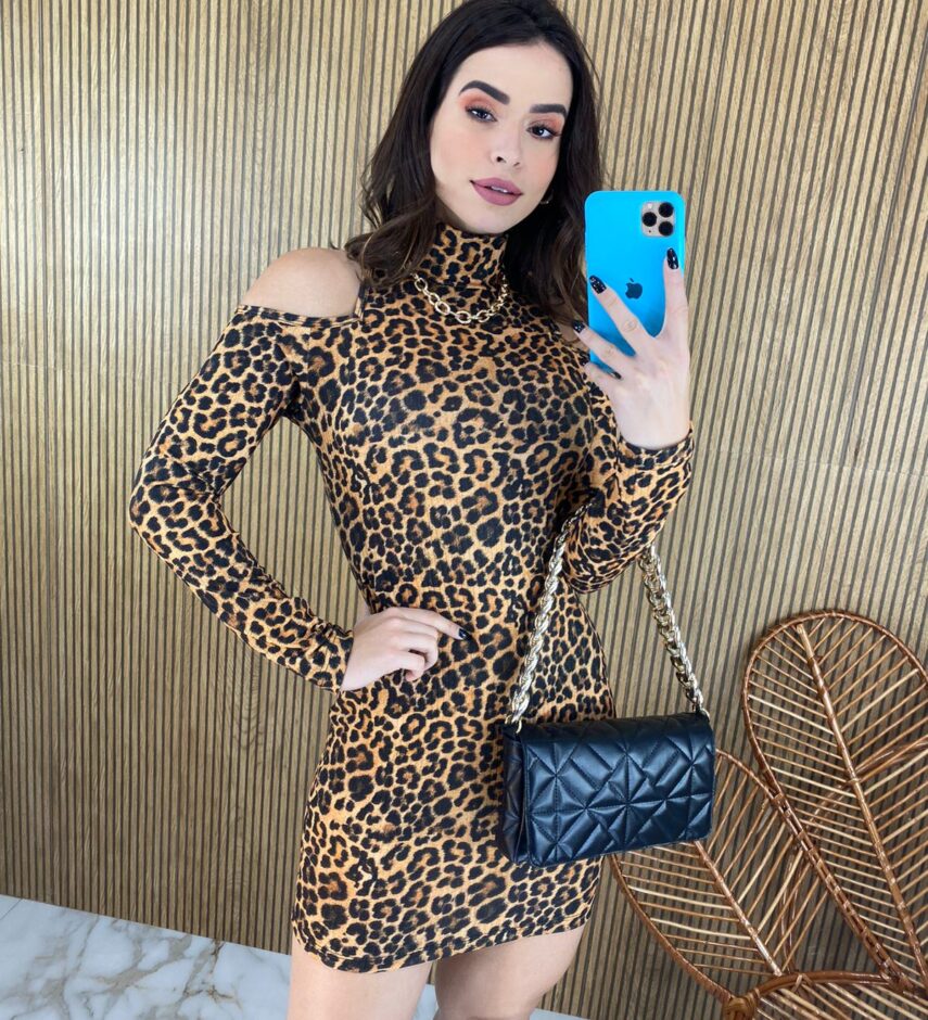 Vestido Curto Feminino Manga Longa Animal Print - Fernanda Ramos Store