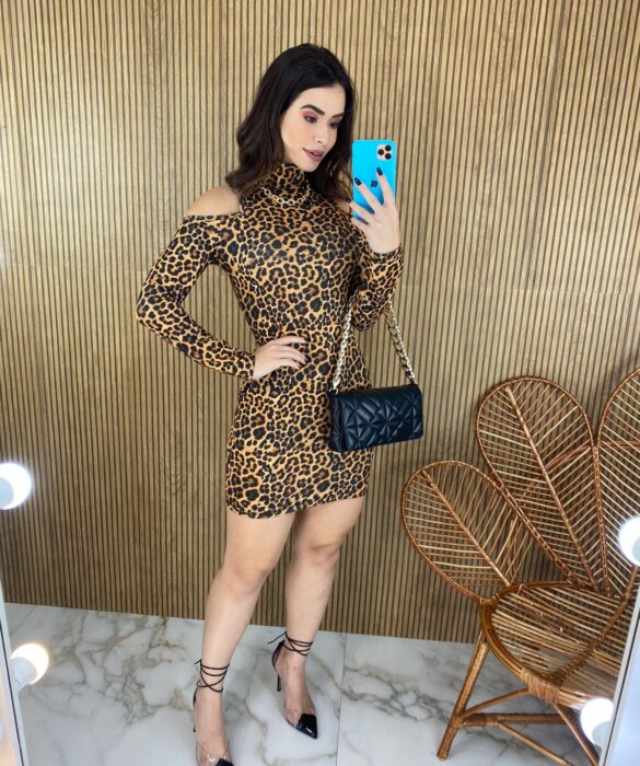 Vestido Curto Feminino Manga Longa Animal Print - Fernanda Ramos Store