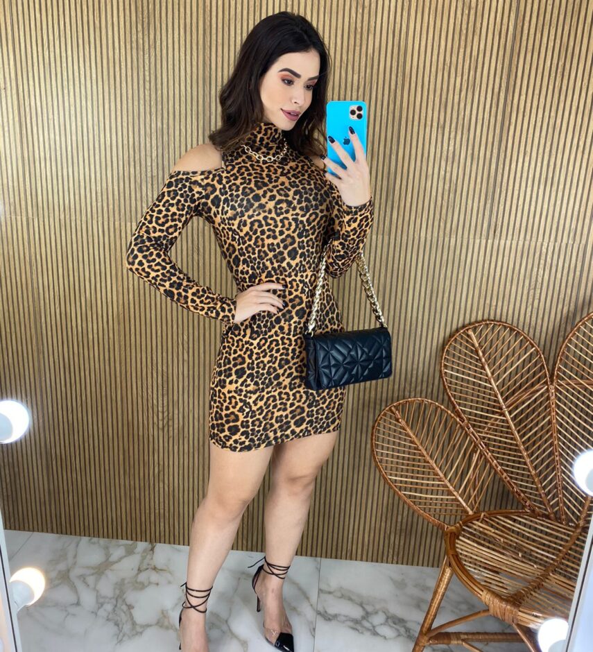 Vestido Curto Feminino Manga Longa Animal Print - Fernanda Ramos Store