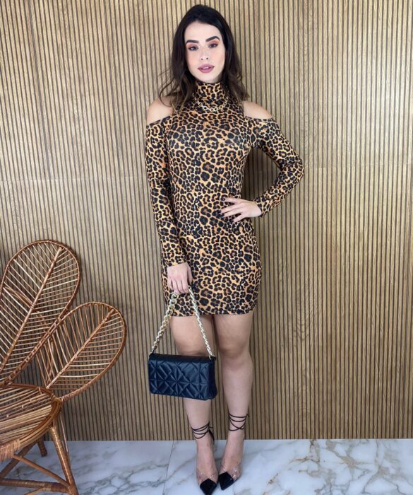 Vestido Curto Feminino Manga Longa Animal Print - Fernanda Ramos Store